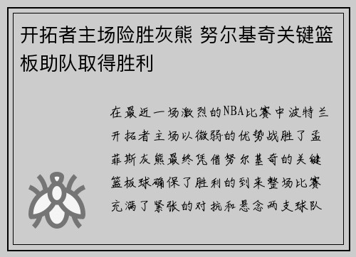 开拓者主场险胜灰熊 努尔基奇关键篮板助队取得胜利