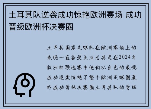 土耳其队逆袭成功惊艳欧洲赛场 成功晋级欧洲杯决赛圈