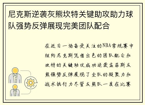 尼克斯逆袭灰熊坎特关键助攻助力球队强势反弹展现完美团队配合