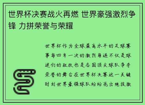 世界杯决赛战火再燃 世界豪强激烈争锋 力拼荣誉与荣耀